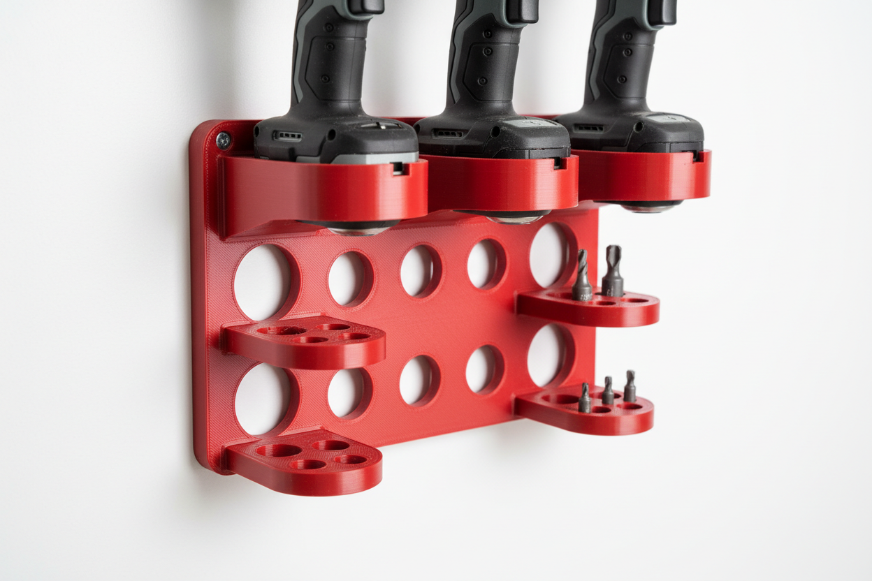 luo 3d tulosteen kuva punaisesta porakoneen pidikkeestä